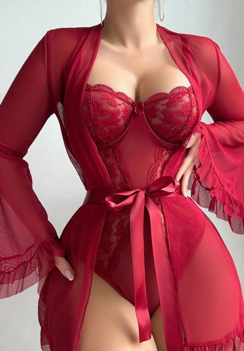 Seductive Red Lingerie Set with Ruffled Robe