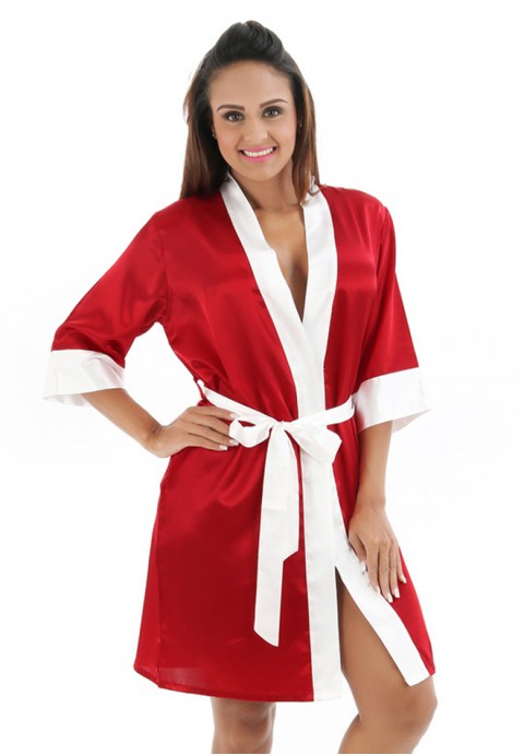 Women's Satin Contrast Color Kimono Bathrobe Robe