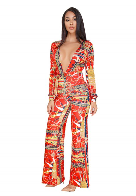 Printing Long Sleeve V-neck Wide Leg Jumpsuit Rompers
