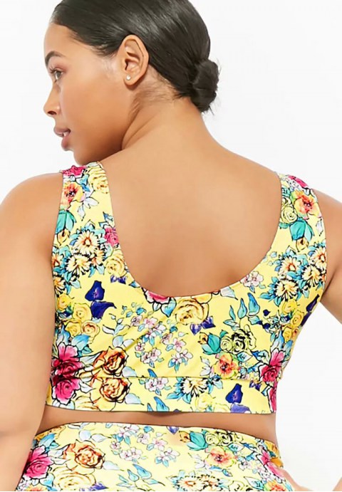 Plus Size High Leg High Waist Floral Crop Tank Bikini Swimsuit