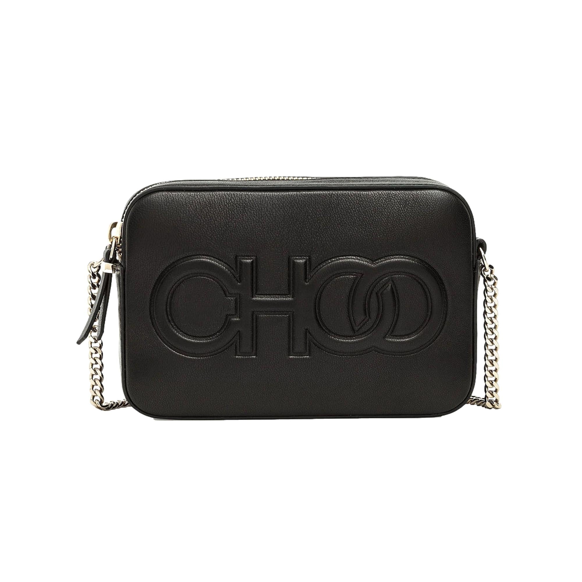 Jimmy Choo Balti Camera Crossbody Bag Black Embossed Leather Chain Strap