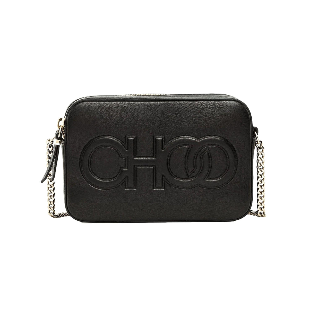 Jimmy Choo Balti Camera Crossbody Bag Black Embossed Leather Chain Strap