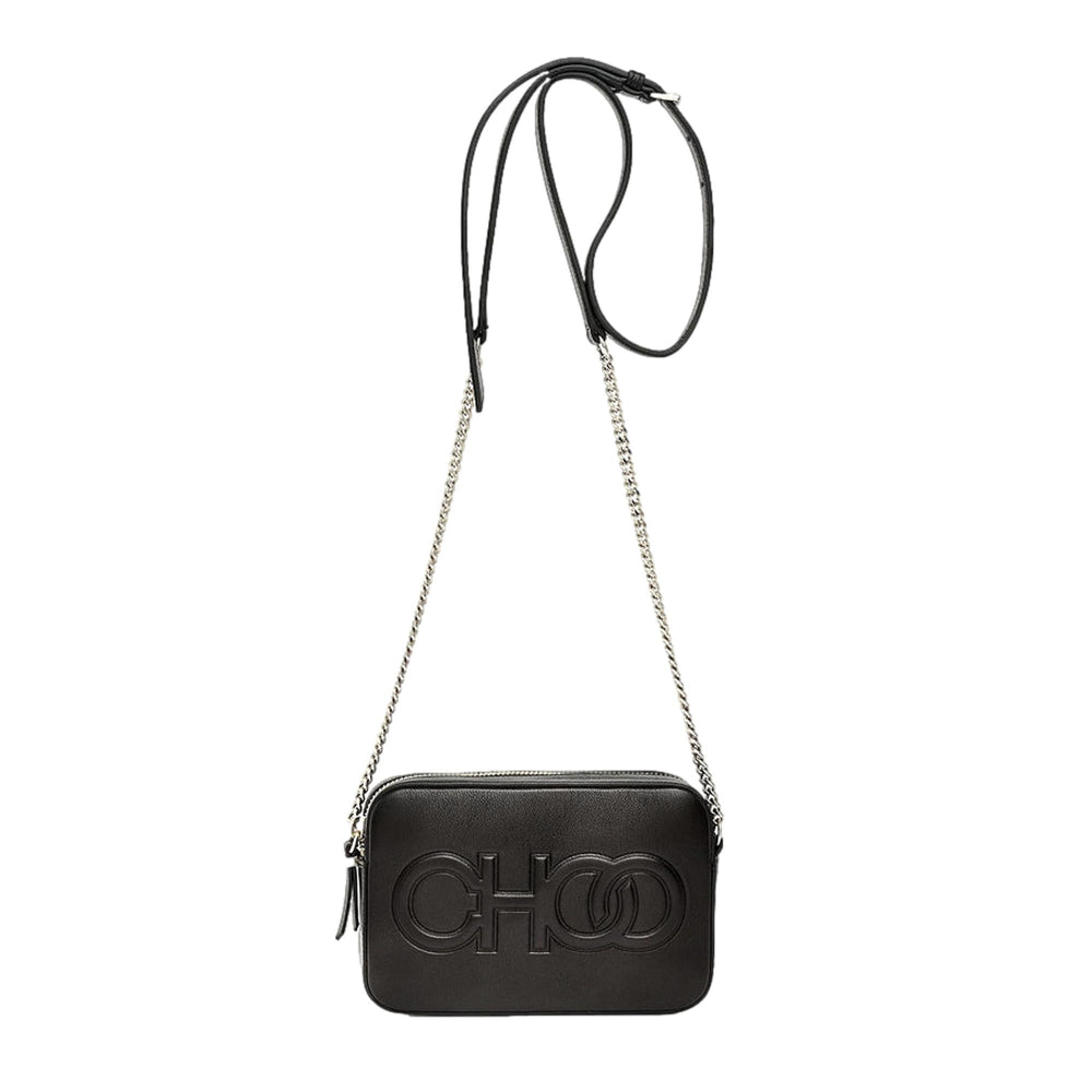Jimmy Choo Balti Camera Crossbody Bag Black Embossed Leather Chain Strap