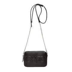Jimmy Choo Balti Camera Crossbody Bag Black Embossed Leather Chain Strap