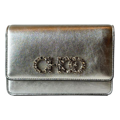 Jimmy Choo Kalina Metallic Silver Leather Crystal Logo Crossbody Clutch Bag