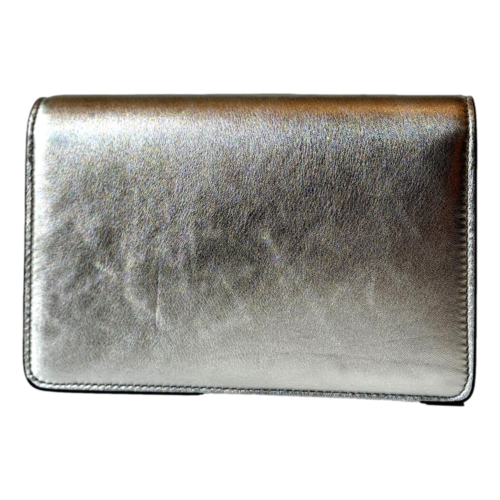 Jimmy Choo Kalina Metallic Silver Leather Crystal Logo Crossbody Clutch Bag