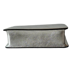 Jimmy Choo Kalina Metallic Silver Leather Crystal Logo Crossbody Clutch Bag