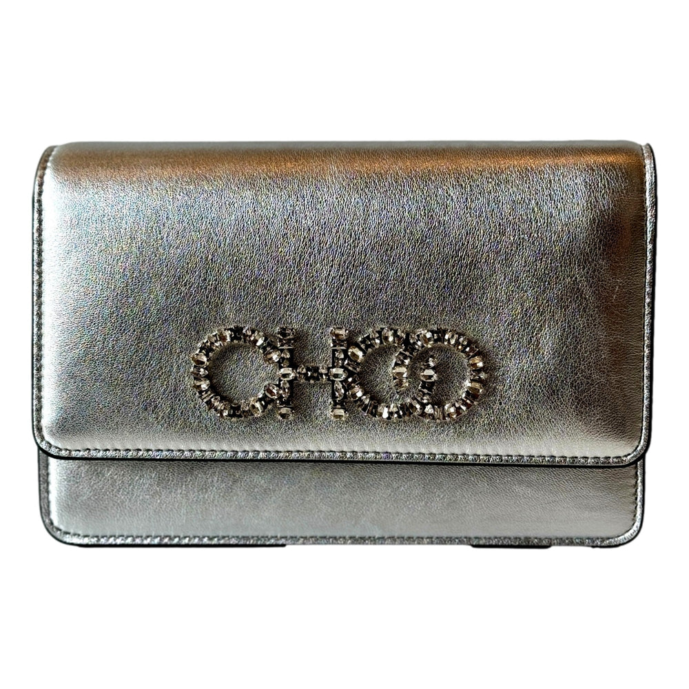 Jimmy Choo Kalina Metallic Silver Leather Crystal Logo Crossbody Clutch Bag