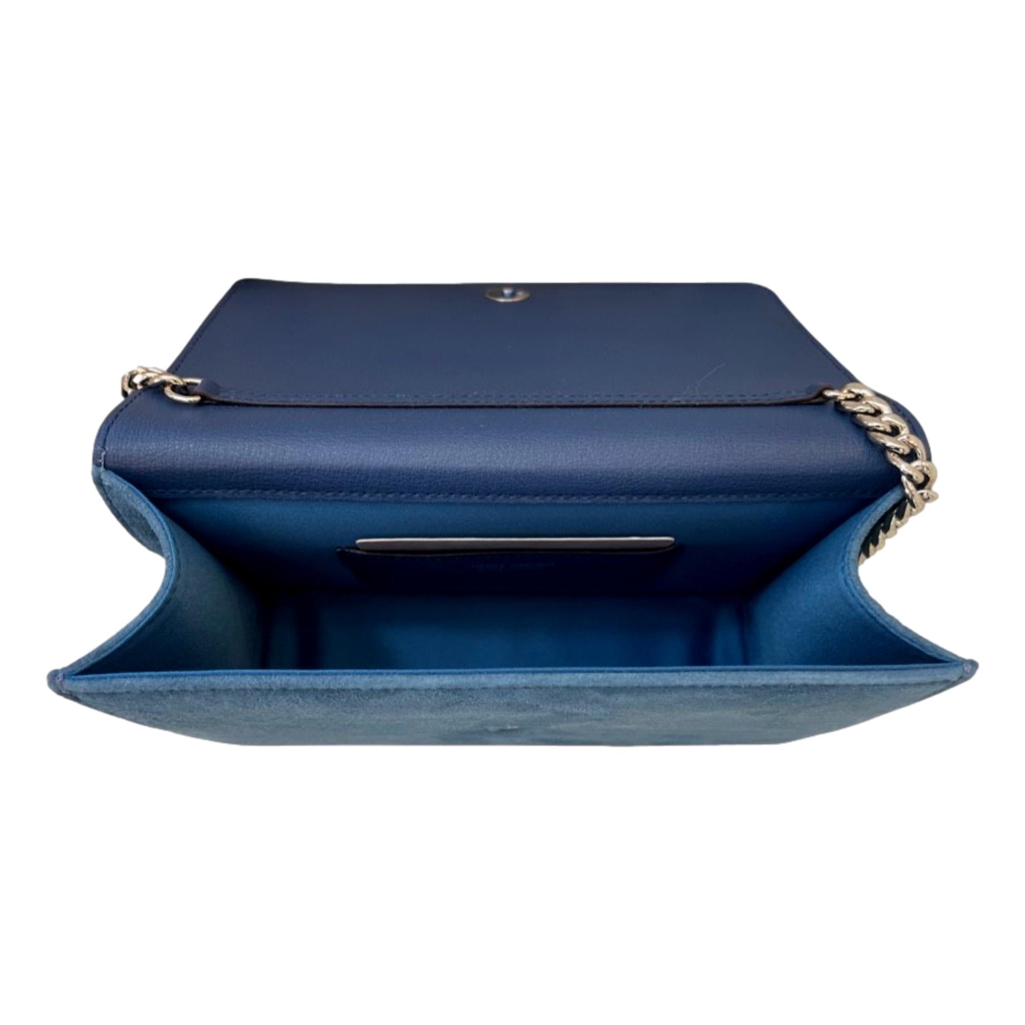Jimmy Choo Kalina Parrot Blue Suede Crystal CHOO Chain Wallet