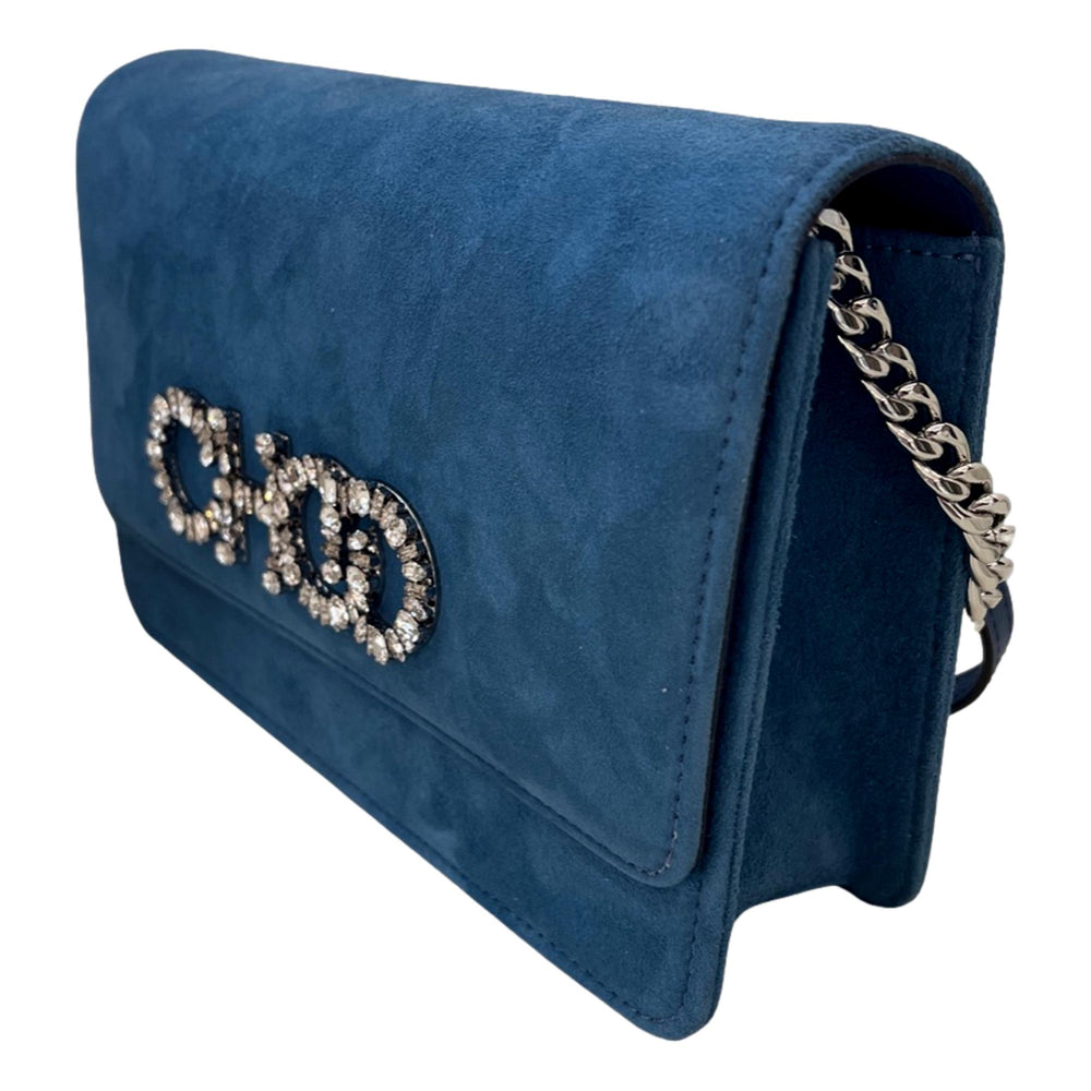 Jimmy Choo Kalina Parrot Blue Suede Crystal CHOO Chain Wallet