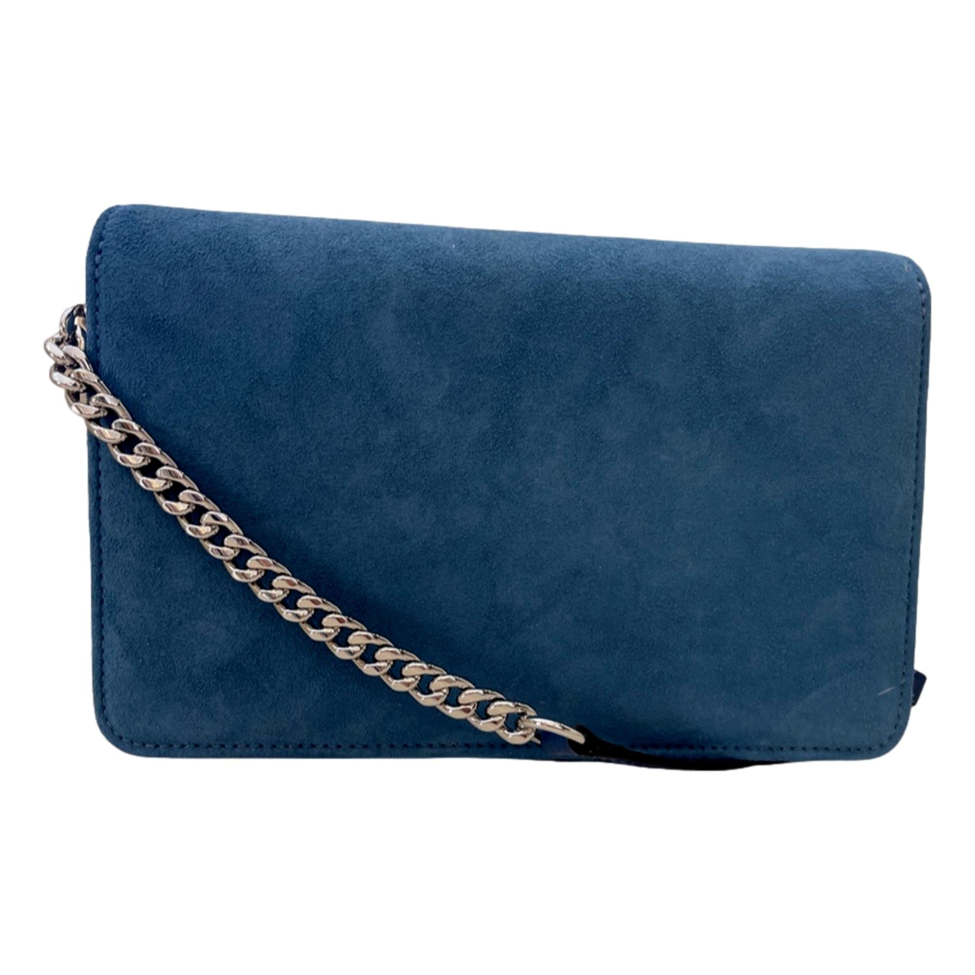 Jimmy Choo Kalina Parrot Blue Suede Crystal CHOO Chain Wallet