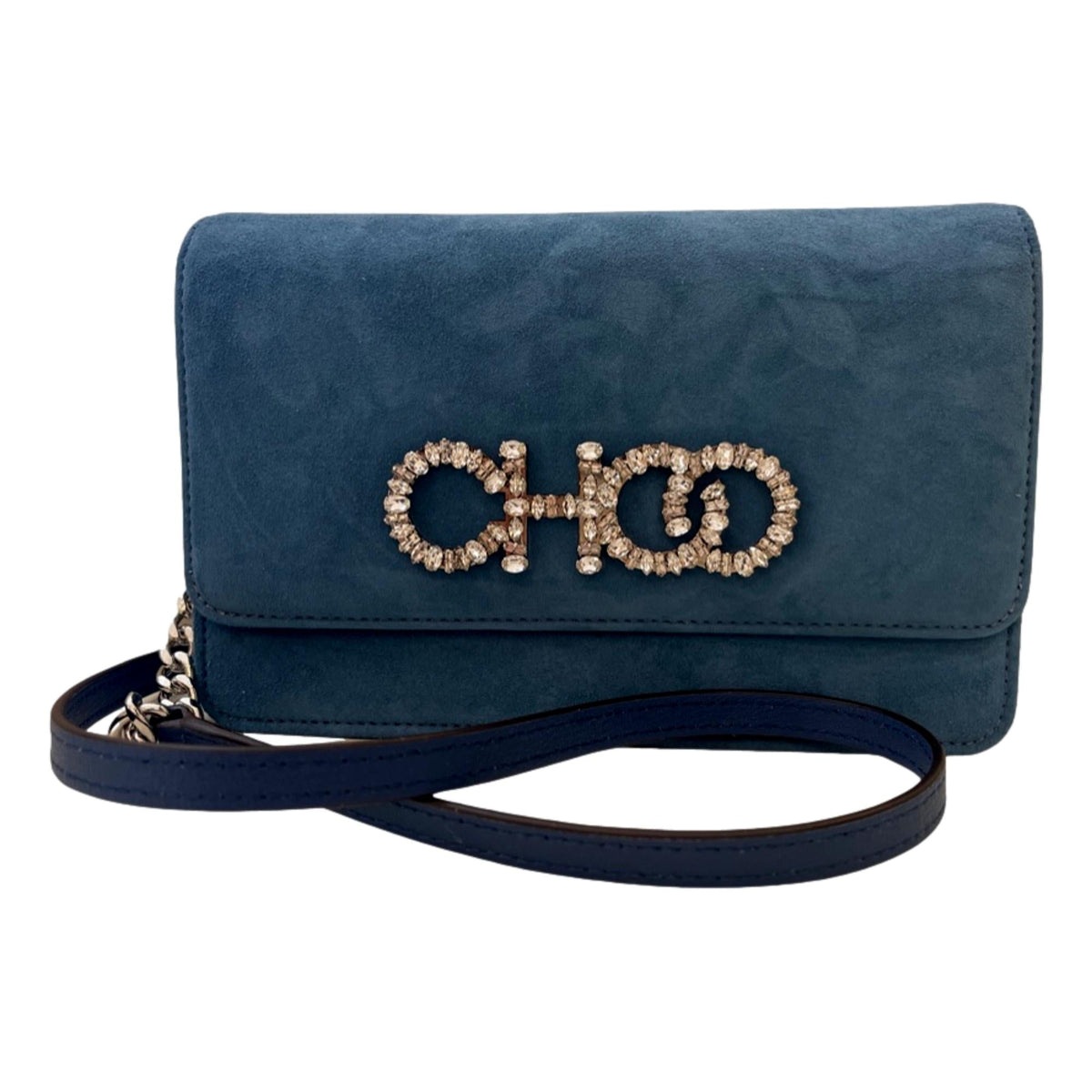 Jimmy Choo Kalina Parrot Blue Suede Crystal CHOO Chain Wallet