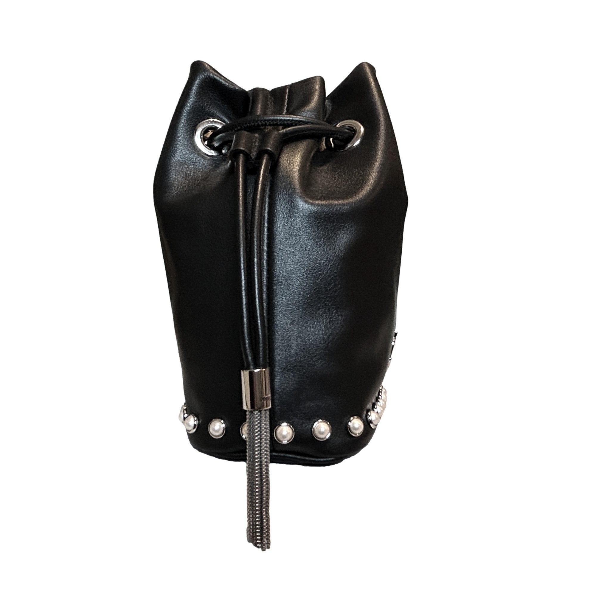 Jimmy Choo Marcheline Pearl Small Black Leather Bucket Crossbody Bag Chain Strap