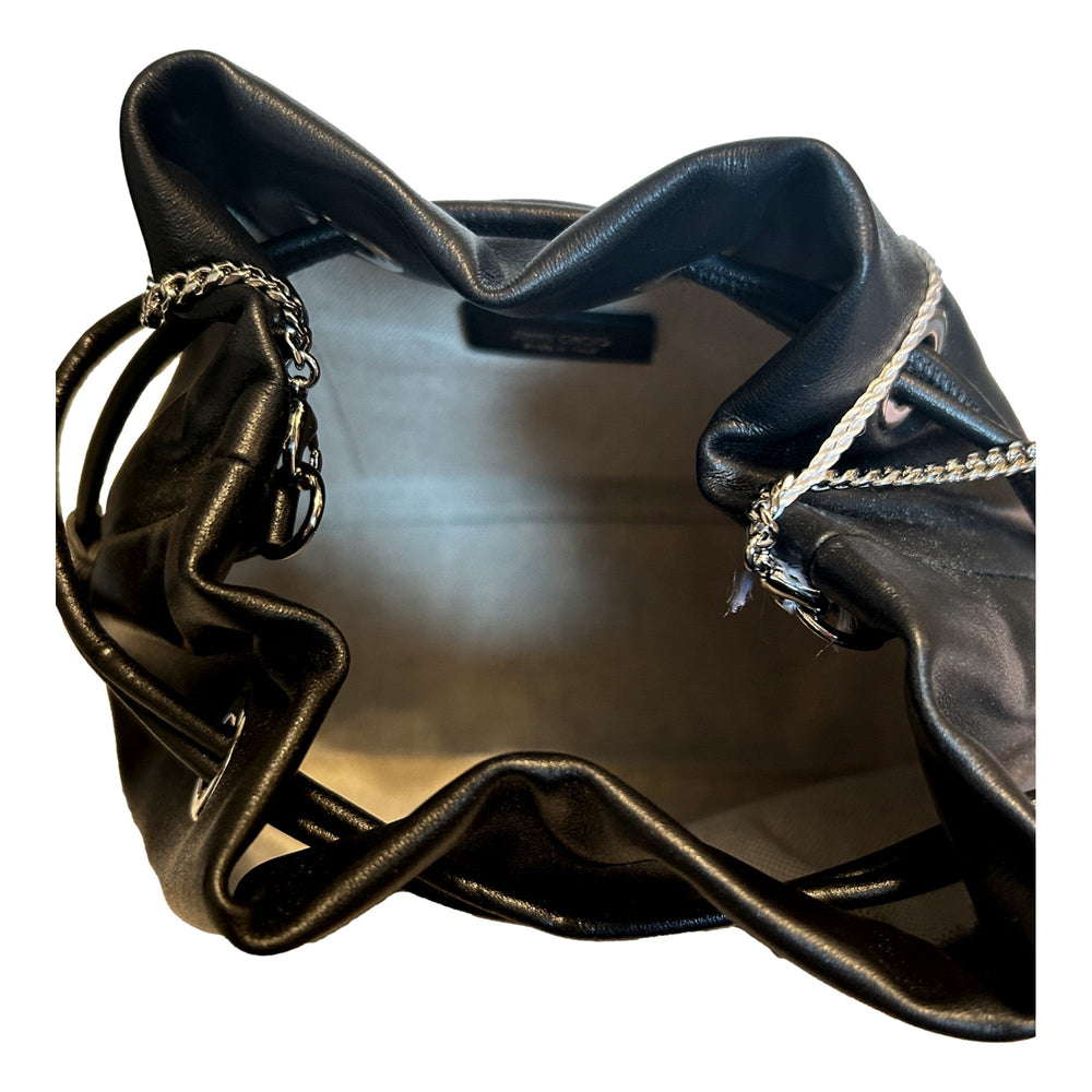 Jimmy Choo Marcheline Pearl Small Black Leather Bucket Crossbody Bag Chain Strap