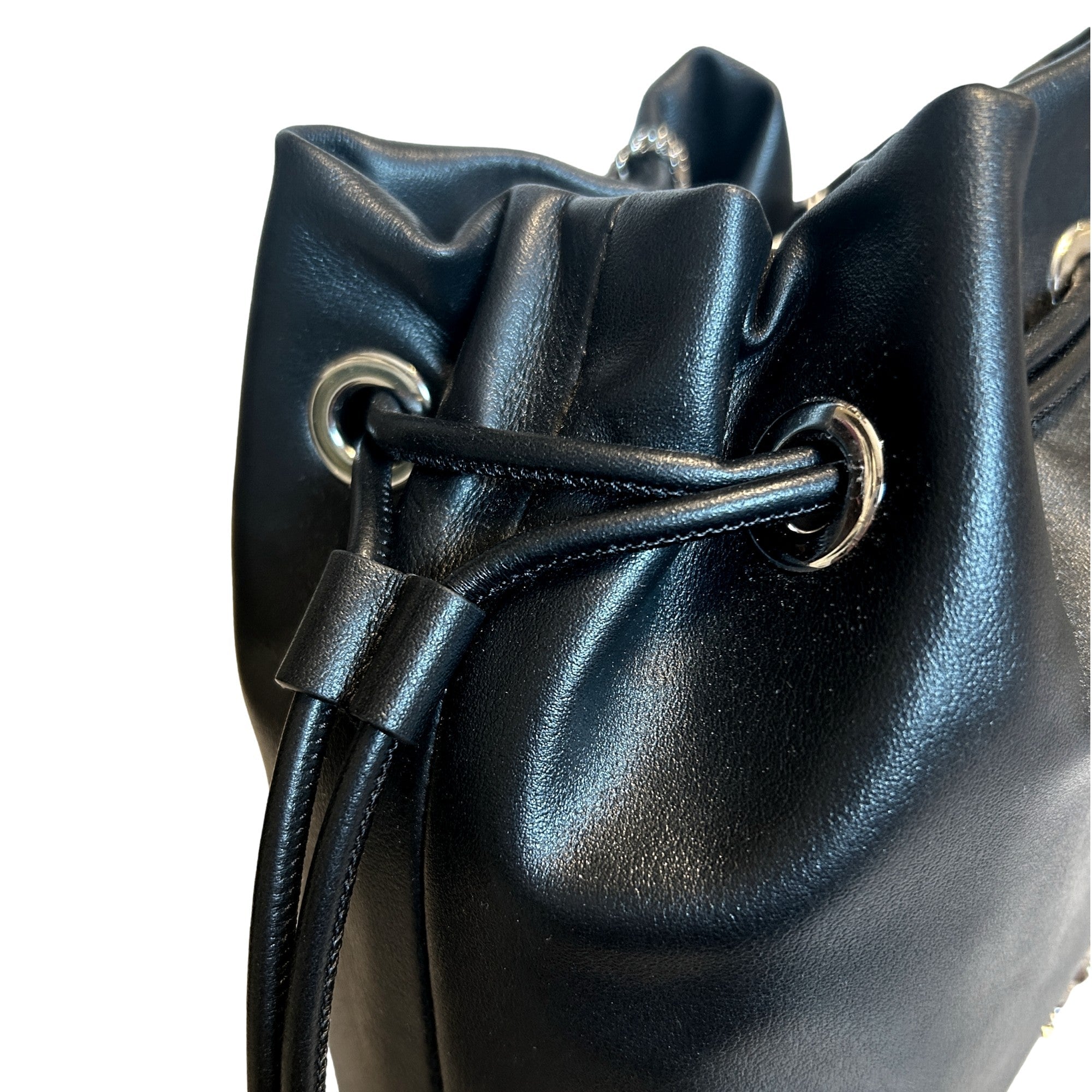 Jimmy Choo Marcheline Pearl Small Black Leather Bucket Crossbody Bag Chain Strap