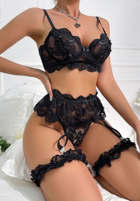 Seductive Black Lace Bra and Garter Set