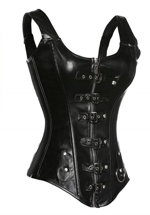 Steampunk Punk Rock Faux Leather Buckle-up Corset Bustier Basque Top