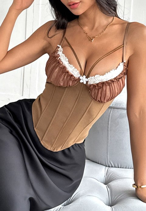 Chic Brown Corset Bustier with Lace Detail
