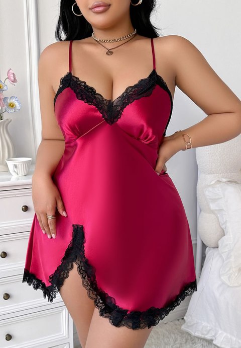 Bold Red Satin Chemise with Black Lace Trim