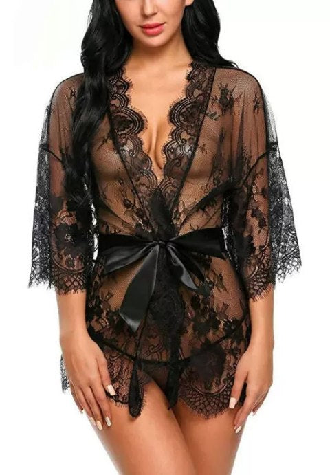 Sultry Lace Robe with Elegant Bow Detail