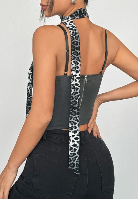 Edgy Leopard Print Corset Bustier with Neck Tie