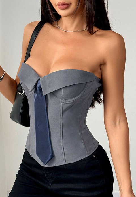 Stunning Grey Corset Top with Navy Tie