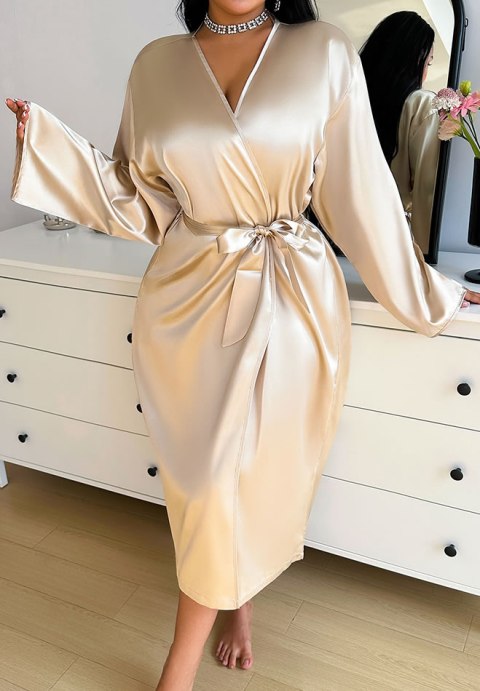 Elegant Beige Satin Robe with Waist Tie
