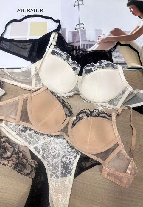Beige Floral Lace Bra and Thong Set