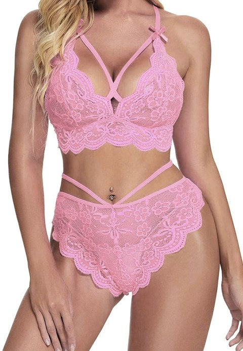 Bold Lace Bra and Panty Set with Crisscross Straps