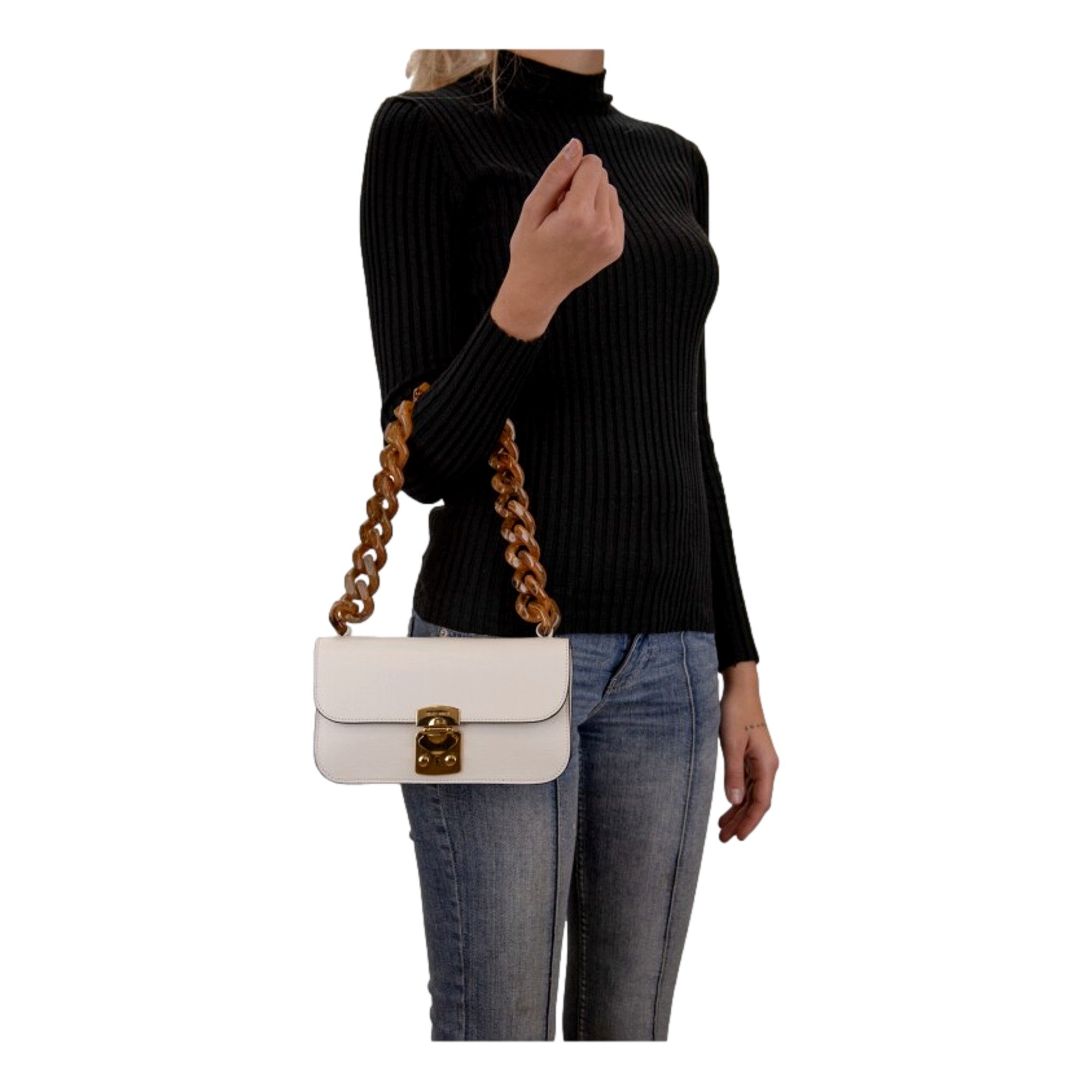 Miu Miu Madras White Leather Tortoise Chain Handbag