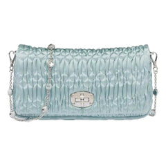 Miu Miu Satin Quilted Crystal Embellished Chain Crossbody Light Blue