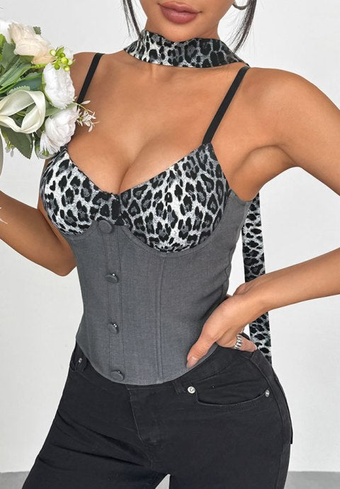 Edgy Leopard Print Corset Bustier with Neck Tie