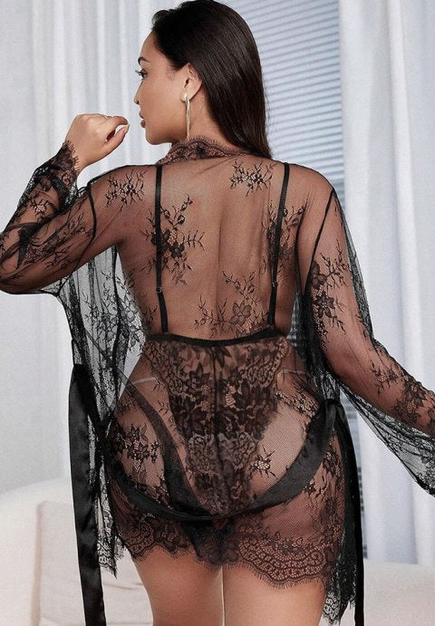 Plus Size Eyelash Lace Robe and Teddy