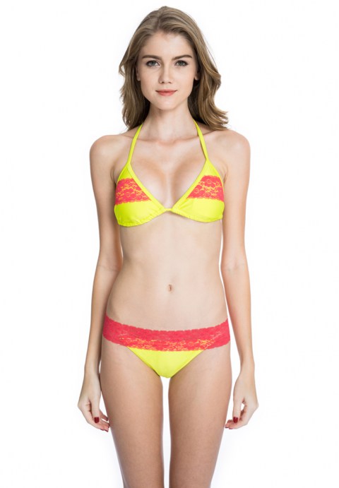 Yellow + Cross Red Lace Bikini Swimsuit with Triangle Top and Brazilian Cut Scrunch Butt