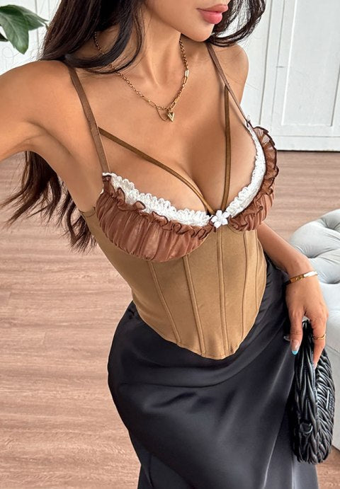 Chic Brown Corset Bustier with Lace Detail