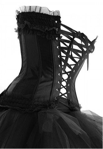 One Set-Ruffle Trimmed Long Line Satin Corset Bustier with Lacy Tutu Skirt in White Red Pink Black