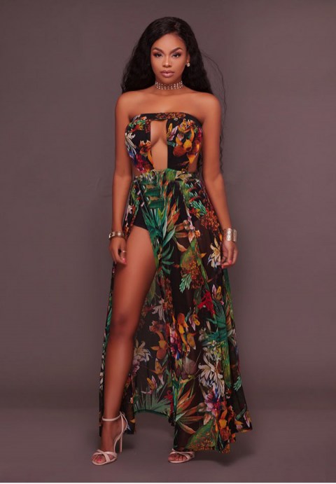 Printed High Slit Legs Bodysuit Maxi Dress