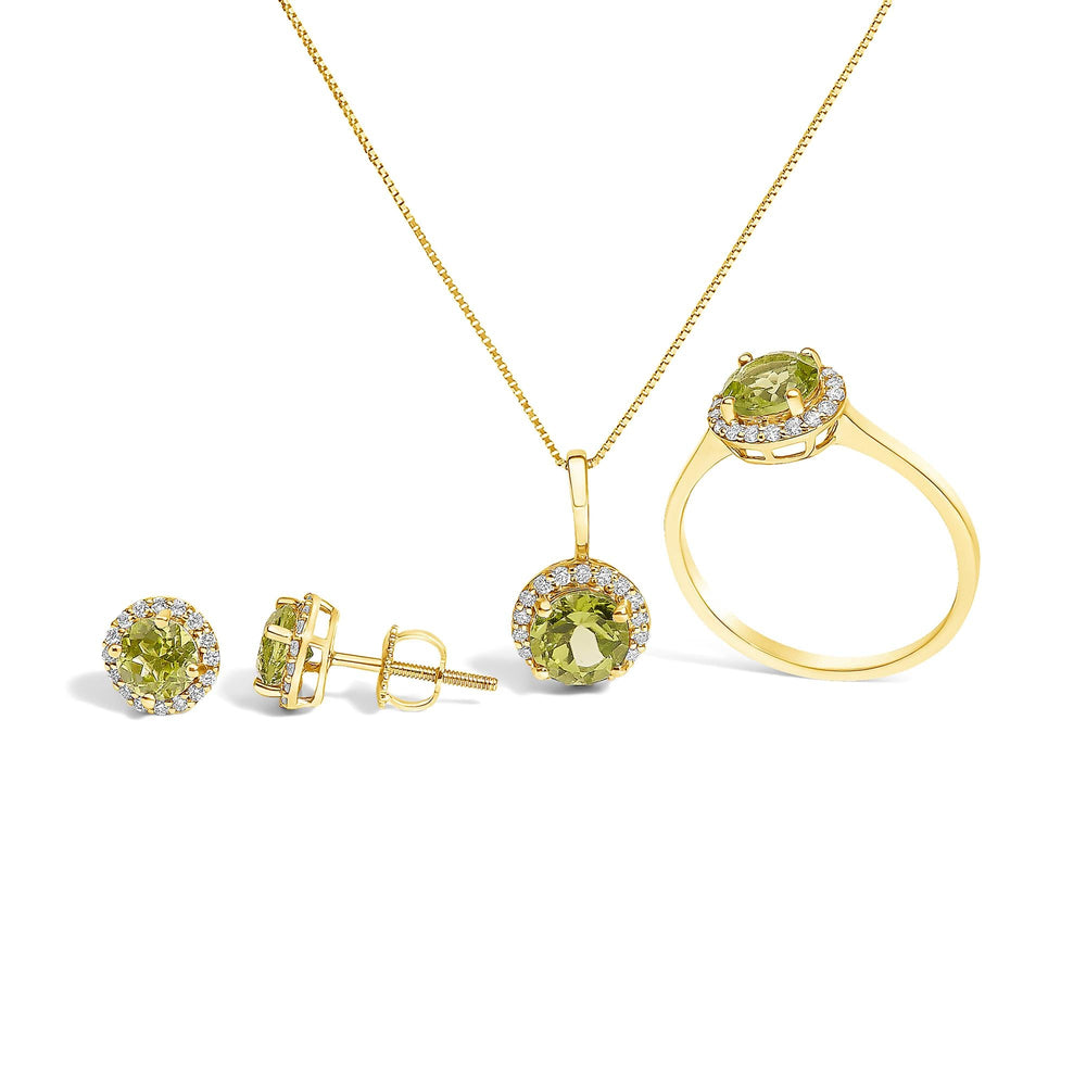 10K Gold Gemstone and 3/8 Cttw Diamond Halo Jewelry Set (Earrings, Pendant & Ring)