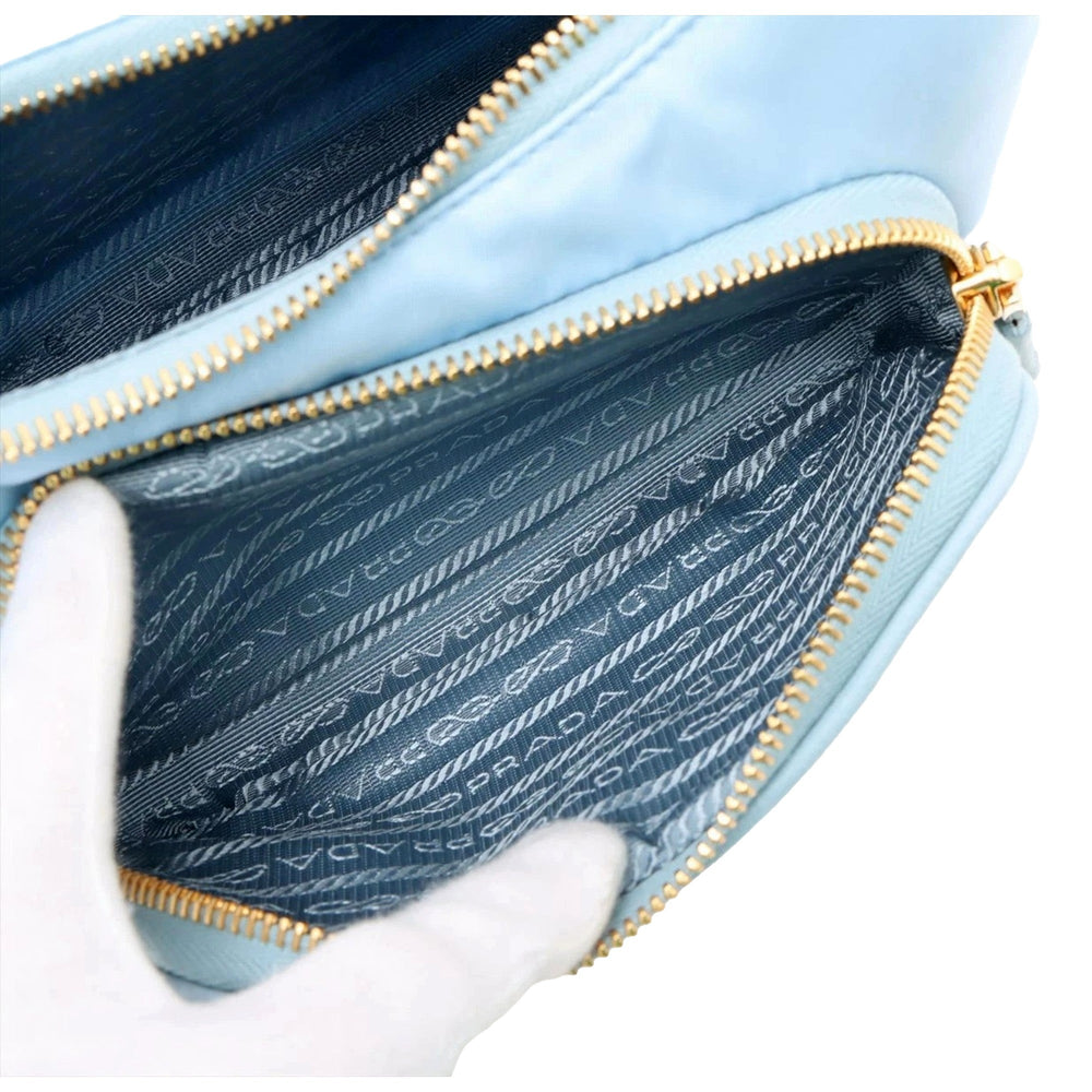 Prada 2Way Tessuto Nylon and Ostrich Leather Shoulder Handbag in Cielo Blue