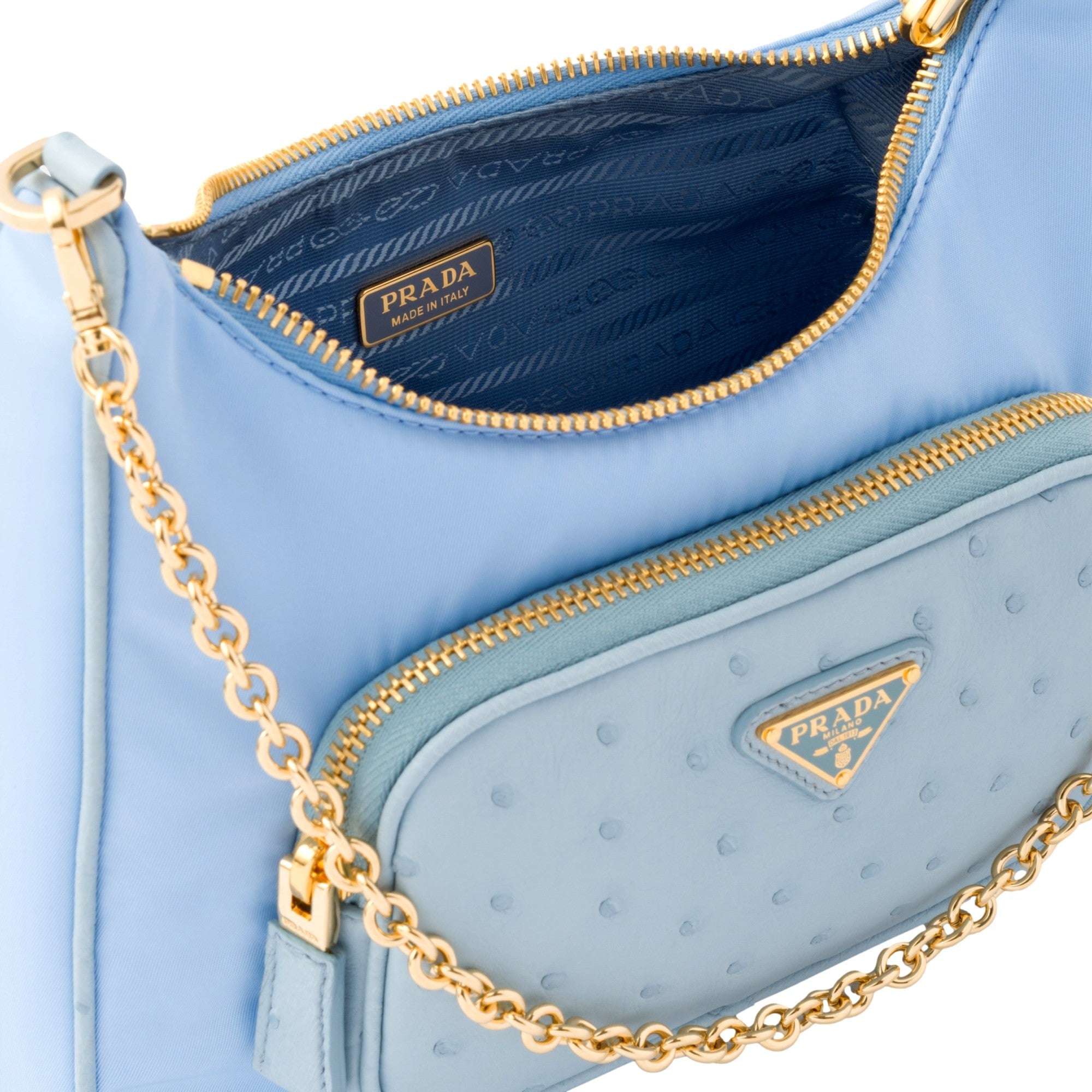 Prada 2Way Tessuto Nylon and Ostrich Leather Shoulder Handbag in Cielo Blue