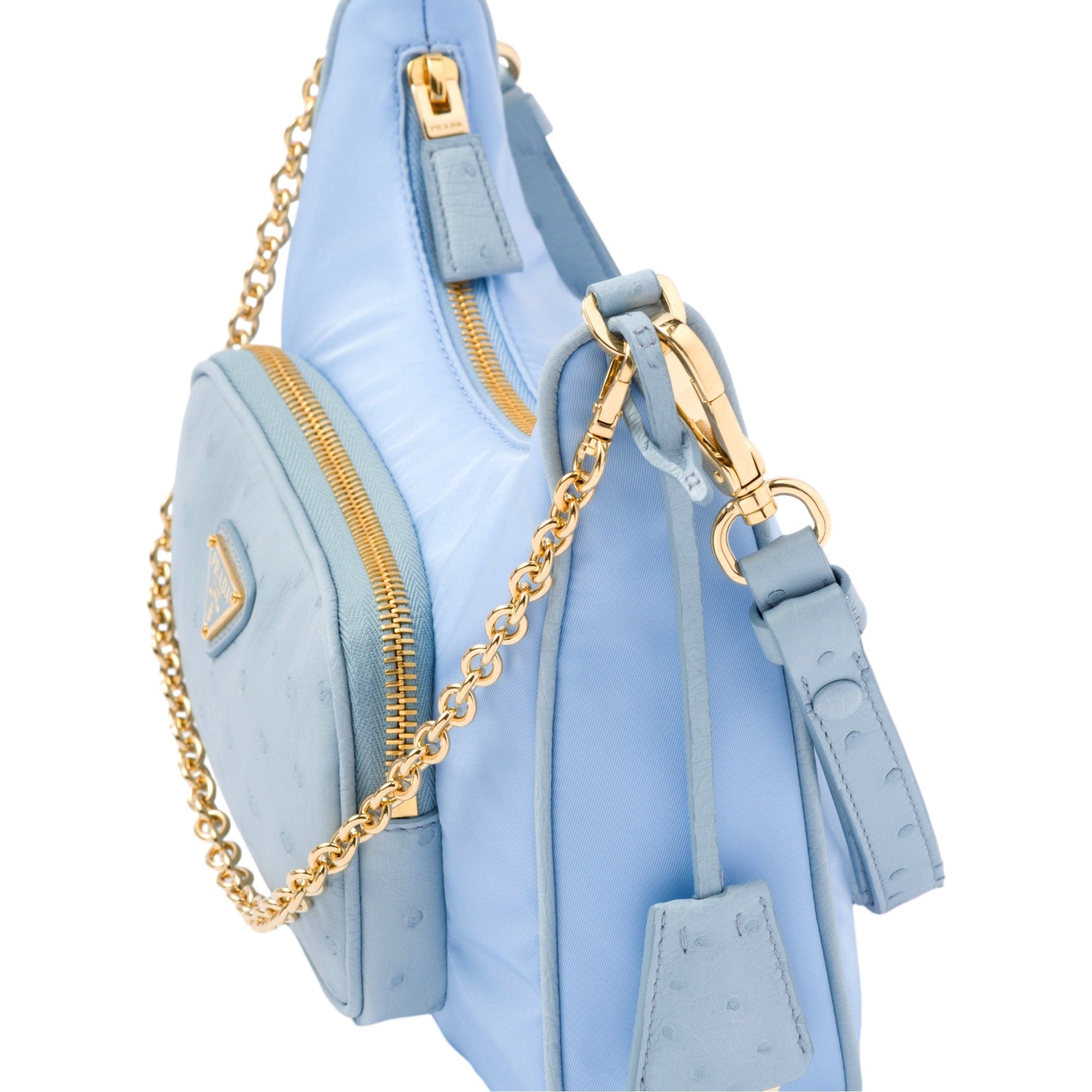 Prada 2Way Tessuto Nylon and Ostrich Leather Shoulder Handbag in Cielo Blue