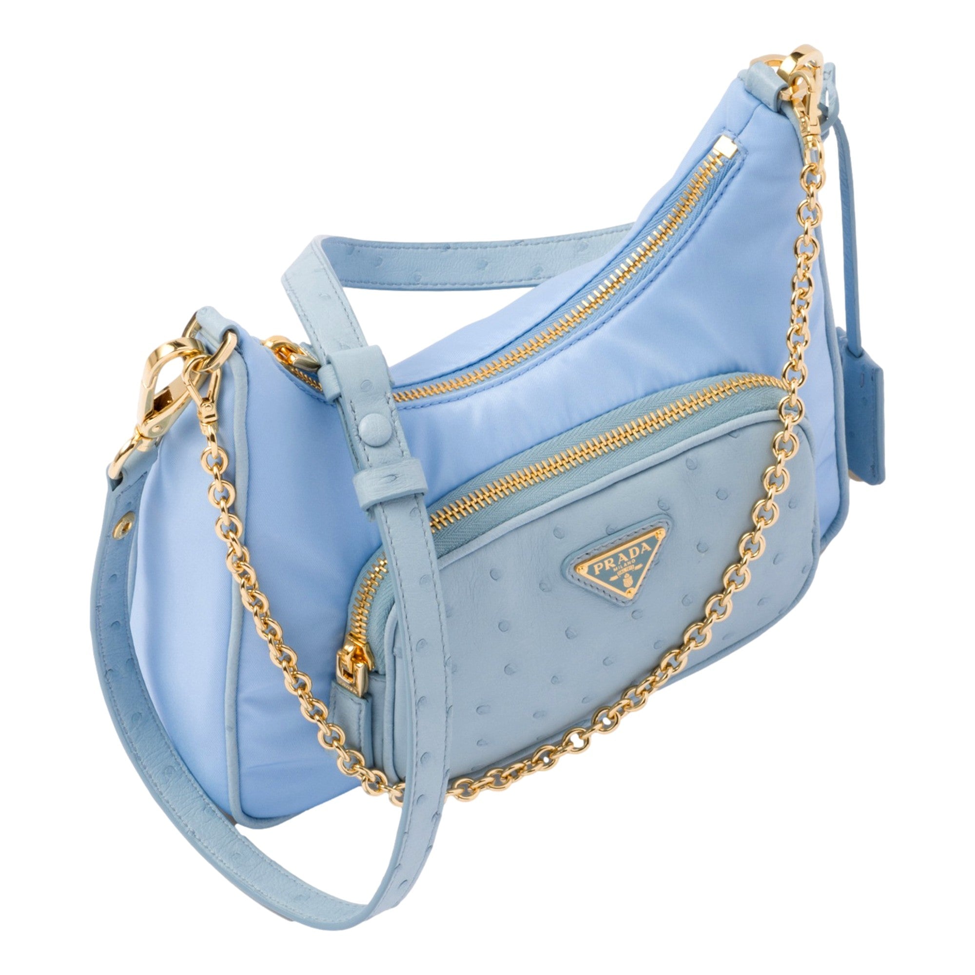 Prada 2Way Tessuto Nylon and Ostrich Leather Shoulder Handbag in Cielo Blue