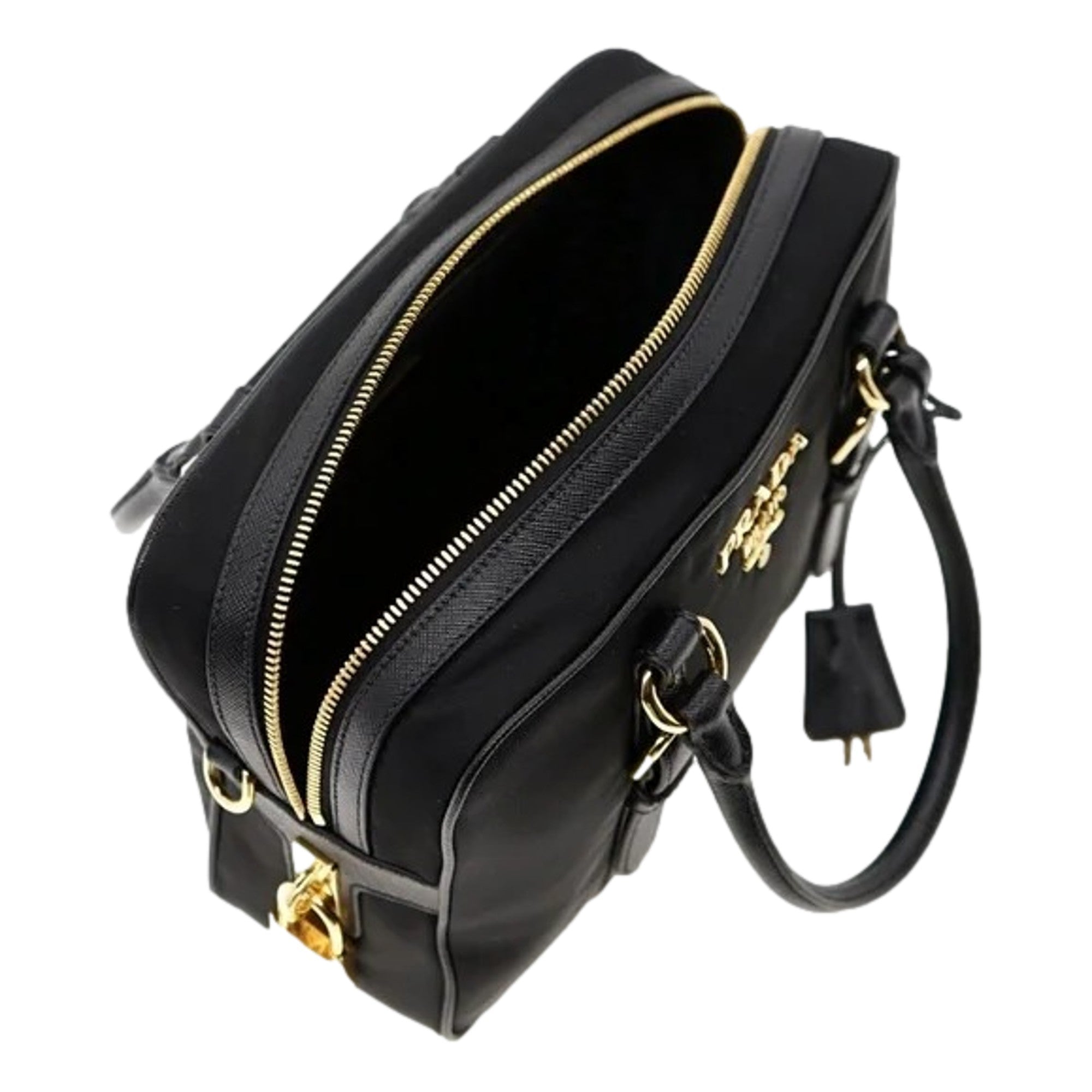 Prada Bauletto Tessuto Nylon Saffiano Black Satchel Bag Gold Lock