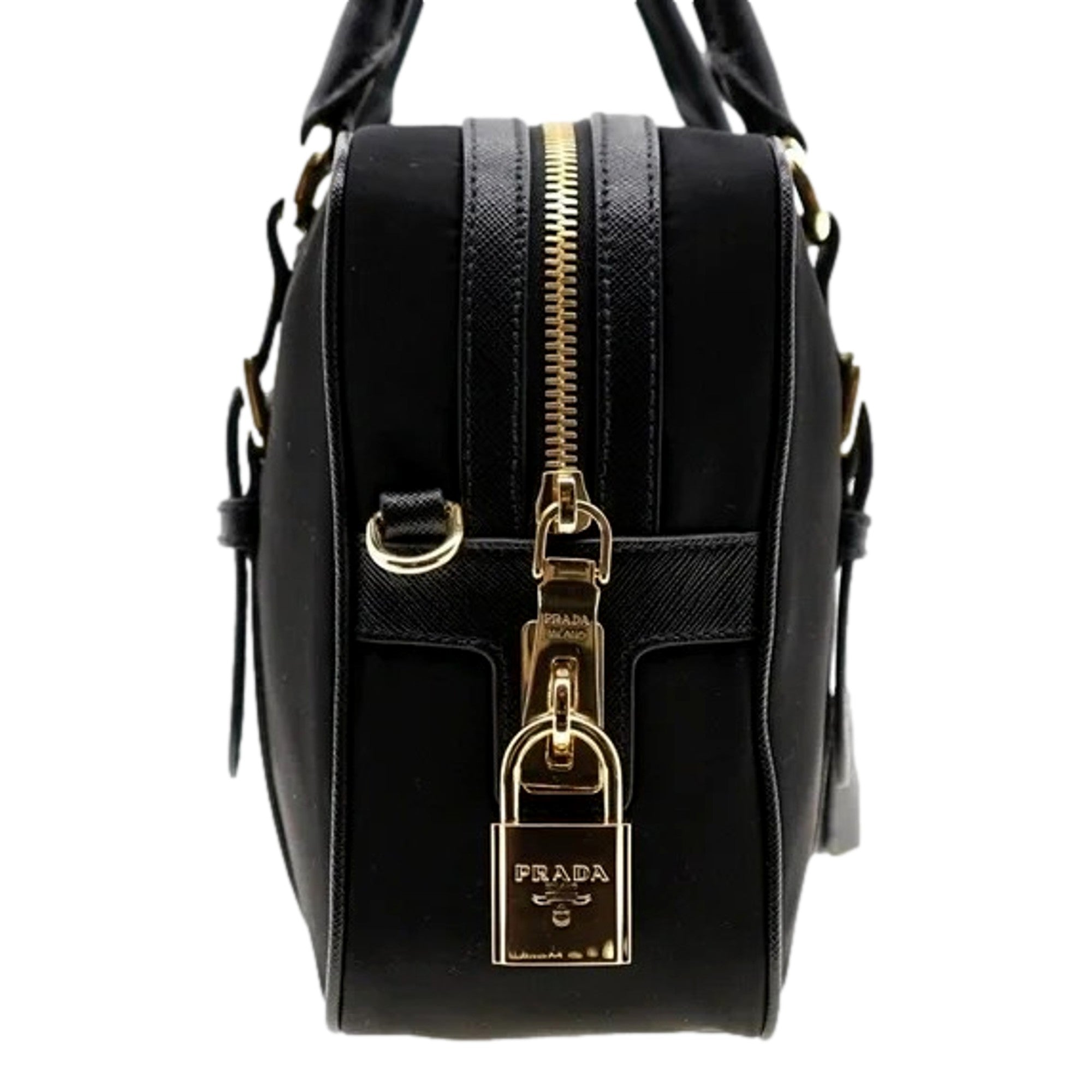 Prada Bauletto Tessuto Nylon Saffiano Black Satchel Bag Gold Lock