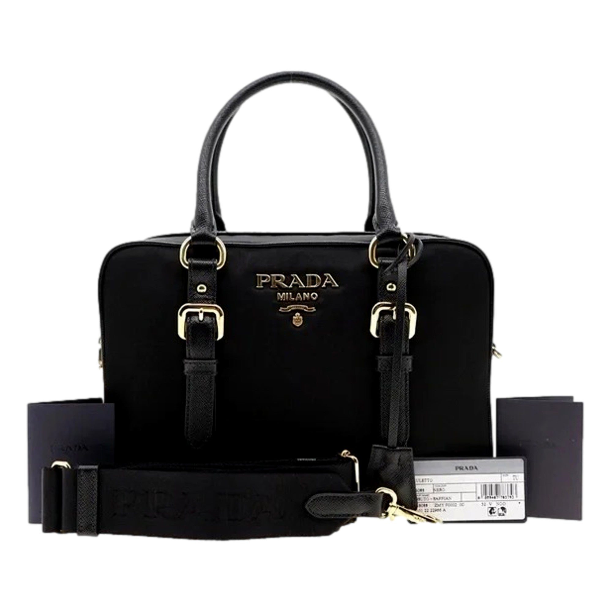 Prada Bauletto Tessuto Nylon Saffiano Black Satchel Bag Gold Lock