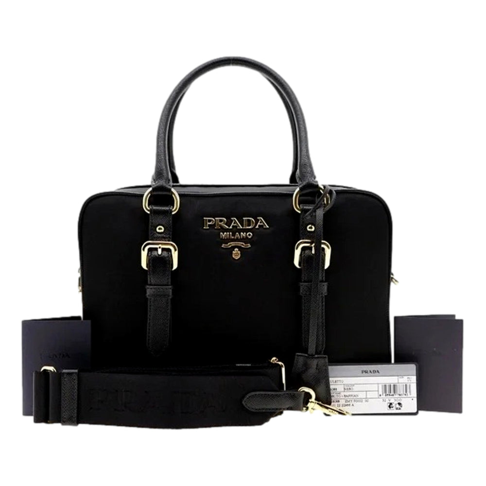 Prada Bauletto Tessuto Nylon Saffiano Black Satchel Bag Gold Lock