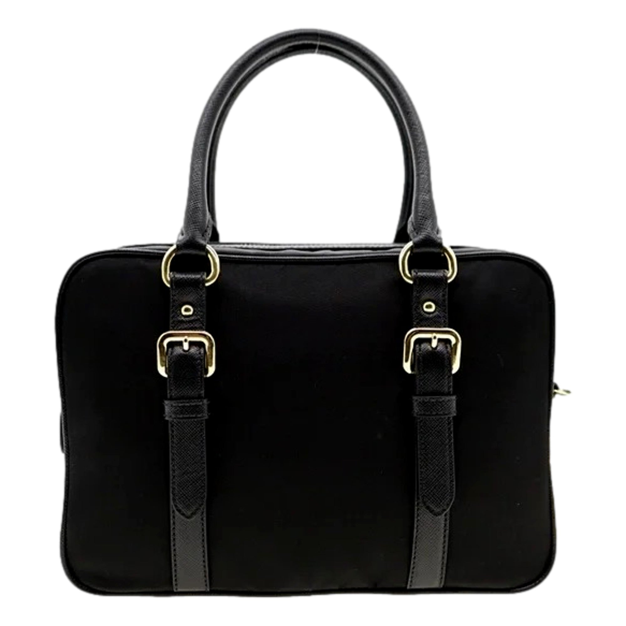 Prada Bauletto Tessuto Nylon Saffiano Black Satchel Bag Gold Lock