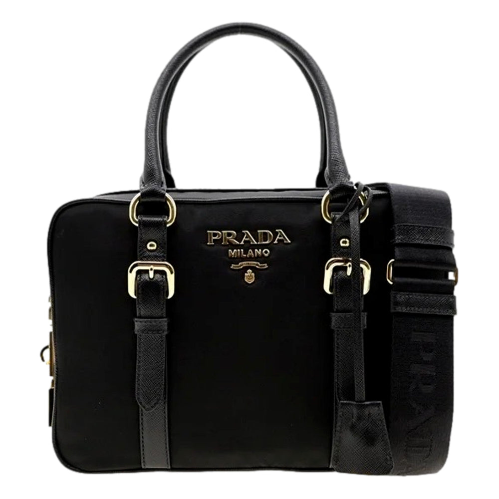 Prada Bauletto Tessuto Nylon Saffiano Black Satchel Bag Gold Lock