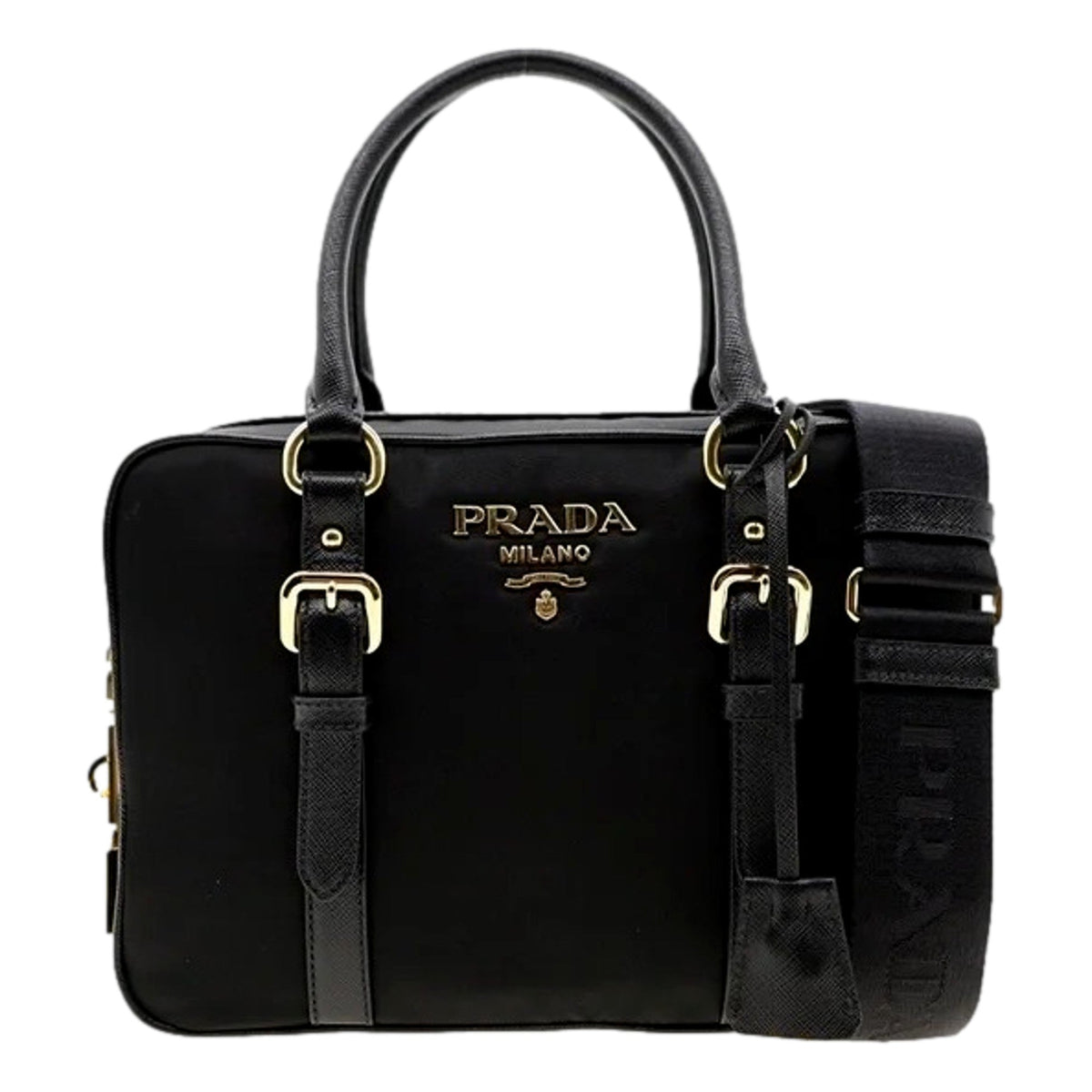 Prada Bauletto Tessuto Nylon Saffiano Black Satchel Bag Gold Lock