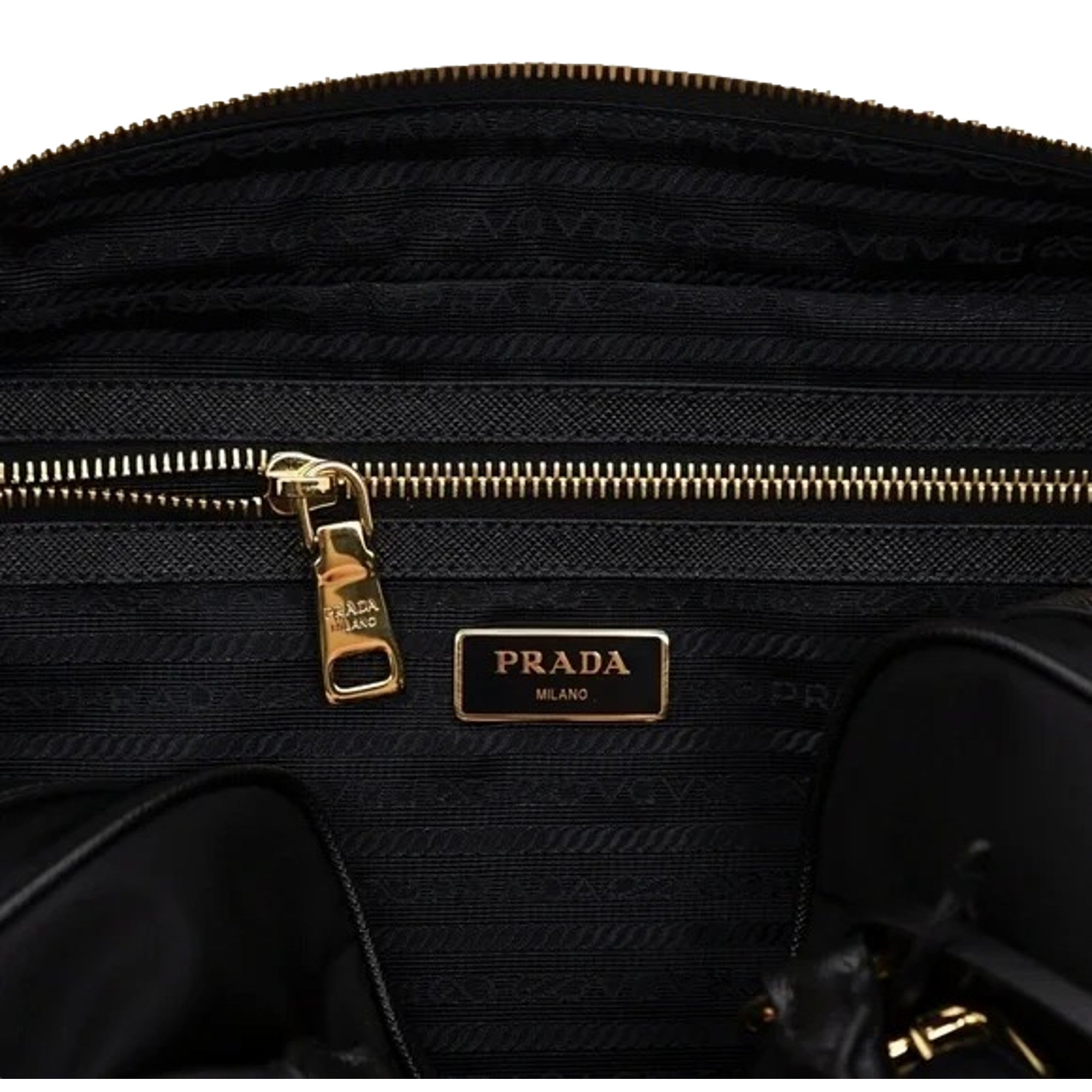 Prada Bauletto Tessuto Nylon Saffiano Black Satchel Bag Gold Lock
